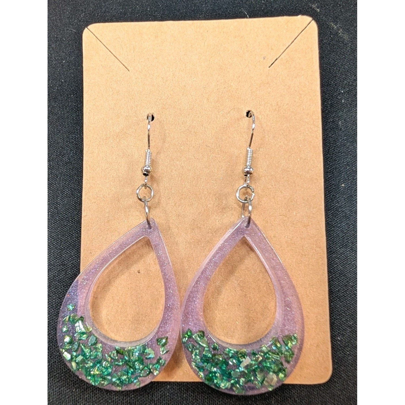 Handmade Resin Teardrop Earrings Purple W/ Green Glitter Flakes Boho Dangle